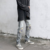 Men Jeans Summer Water Washed Hole Jeans Patch Plaid Pants